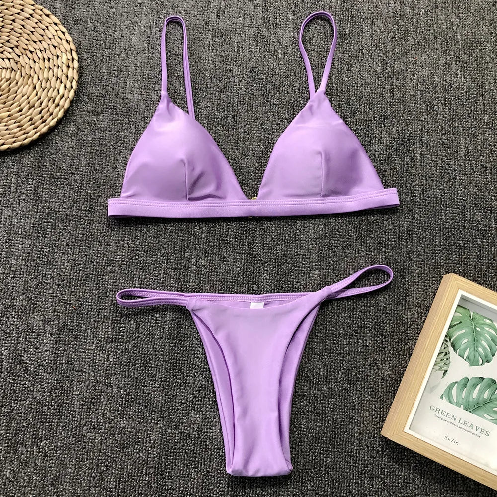 Para Praia Solid Bikini Set 2025 Sexy Push Up Swimwear Women Brazilian Swimsuit Low Waist Biquini Halter Two Pieces Bathing Suit