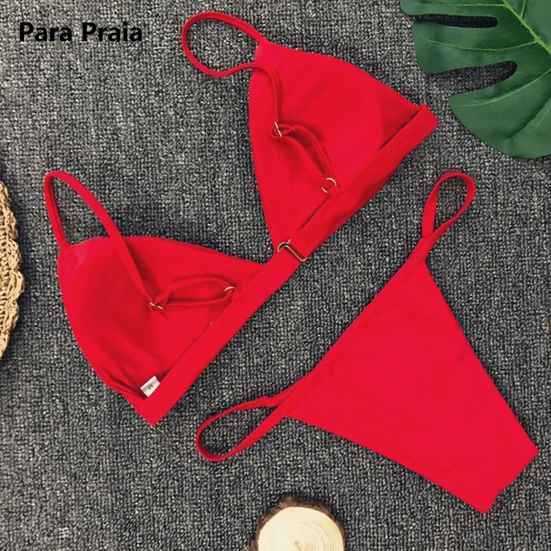 Para Praia Solid Bikini Set 2025 Sexy Push Up Swimwear Women Brazilian Swimsuit Low Waist Biquini Halter Two Pieces Bathing Suit