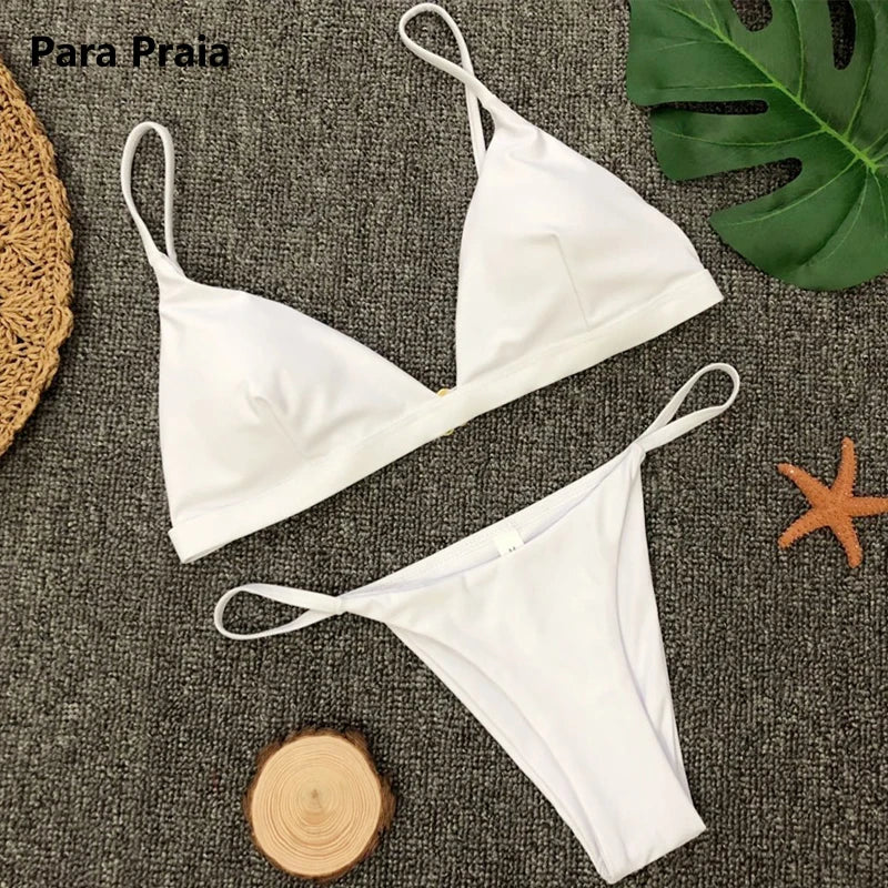 Para Praia Solid Bikini Set 2025 Sexy Push Up Swimwear Women Brazilian Swimsuit Low Waist Biquini Halter Two Pieces Bathing Suit