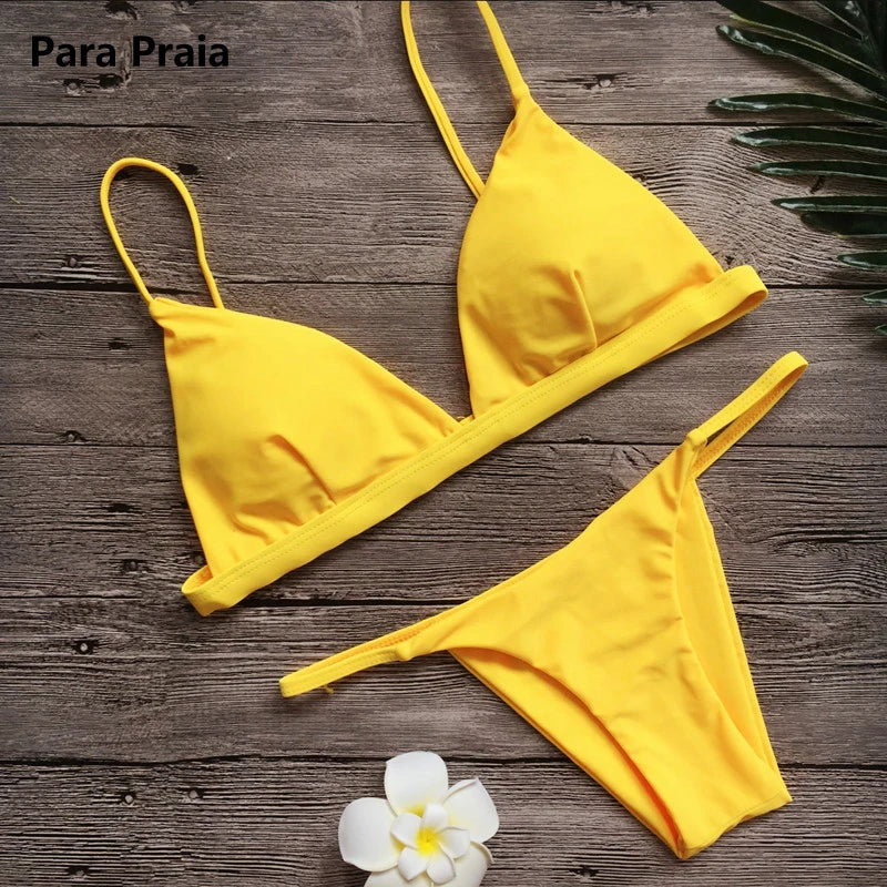 Para Praia Solid Bikini Set 2025 Sexy Push Up Swimwear Women Brazilian Swimsuit Low Waist Biquini Halter Two Pieces Bathing Suit