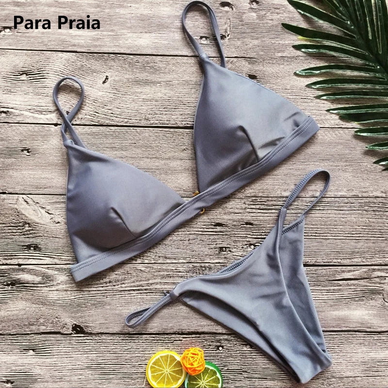 Para Praia Solid Bikini Set 2025 Sexy Push Up Swimwear Women Brazilian Swimsuit Low Waist Biquini Halter Two Pieces Bathing Suit