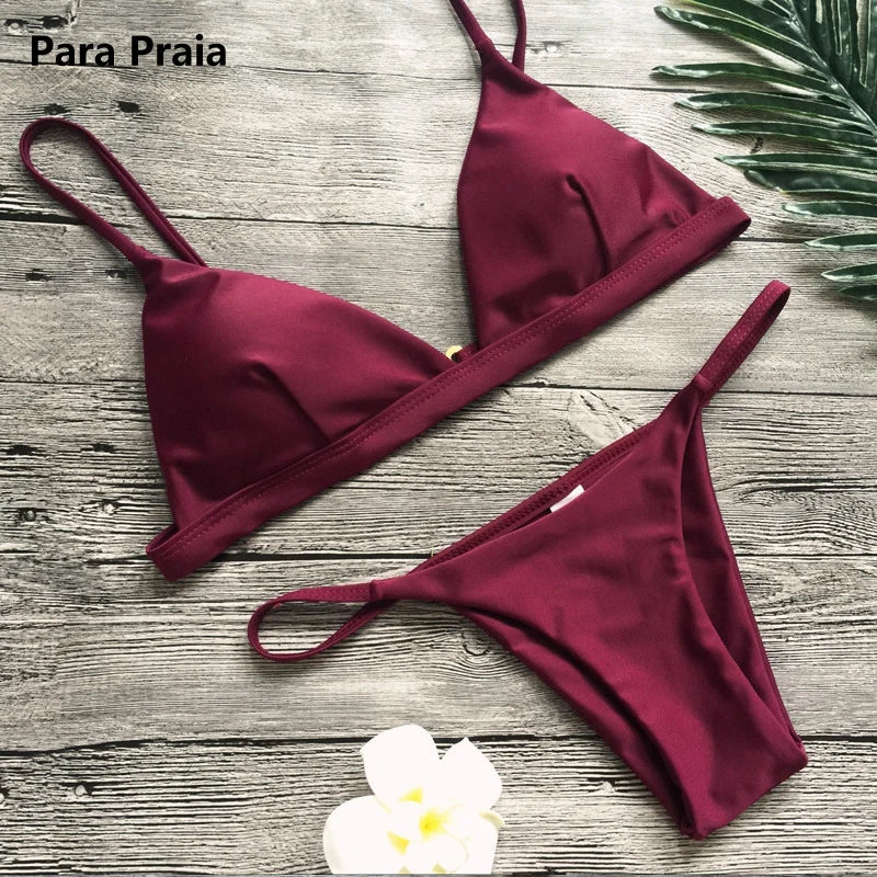 Para Praia Solid Bikini Set 2025 Sexy Push Up Swimwear Women Brazilian Swimsuit Low Waist Biquini Halter Two Pieces Bathing Suit