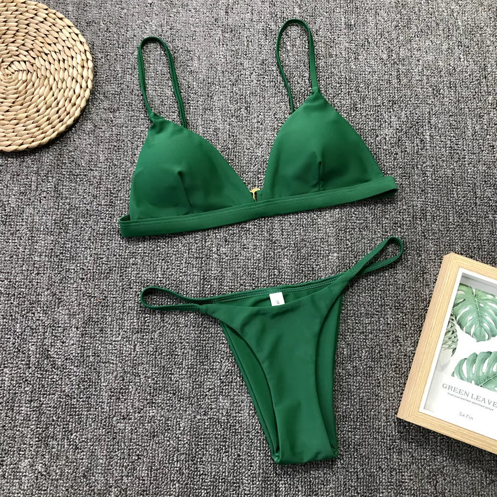Para Praia Solid Bikini Set 2025 Sexy Push Up Swimwear Women Brazilian Swimsuit Low Waist Biquini Halter Two Pieces Bathing Suit