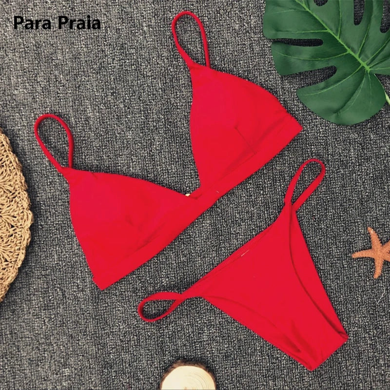 Para Praia Solid Bikini Set 2025 Sexy Push Up Swimwear Women Brazilian Swimsuit Low Waist Biquini Halter Two Pieces Bathing Suit