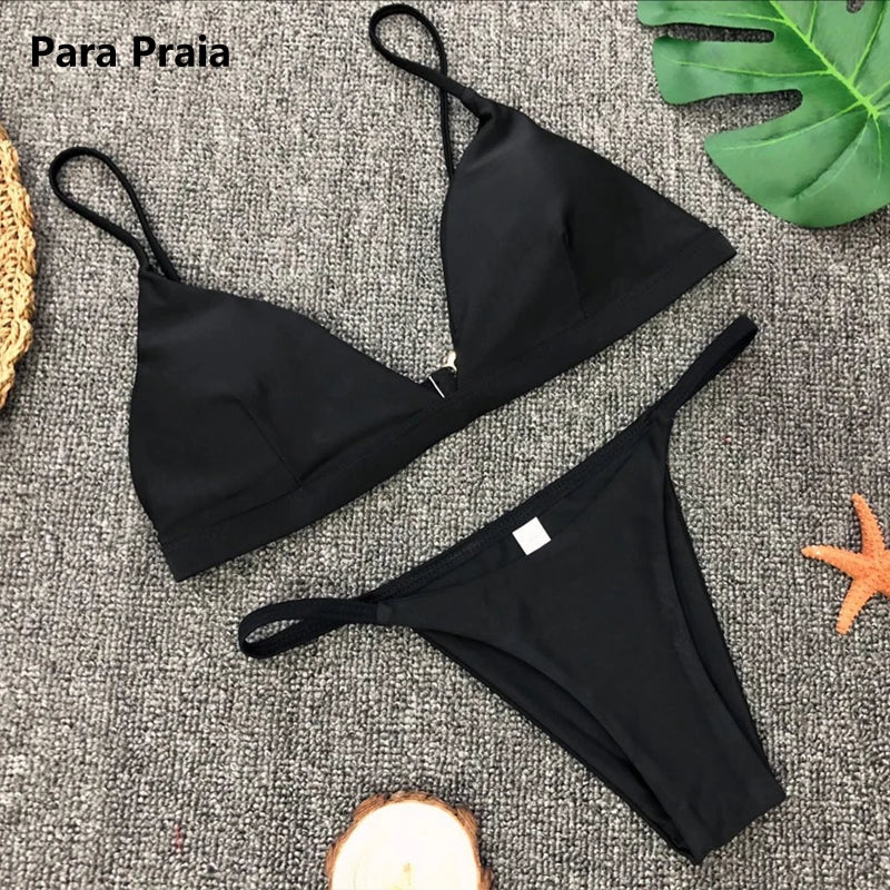 Para Praia Solid Bikini Set 2025 Sexy Push Up Swimwear Women Brazilian Swimsuit Low Waist Biquini Halter Two Pieces Bathing Suit