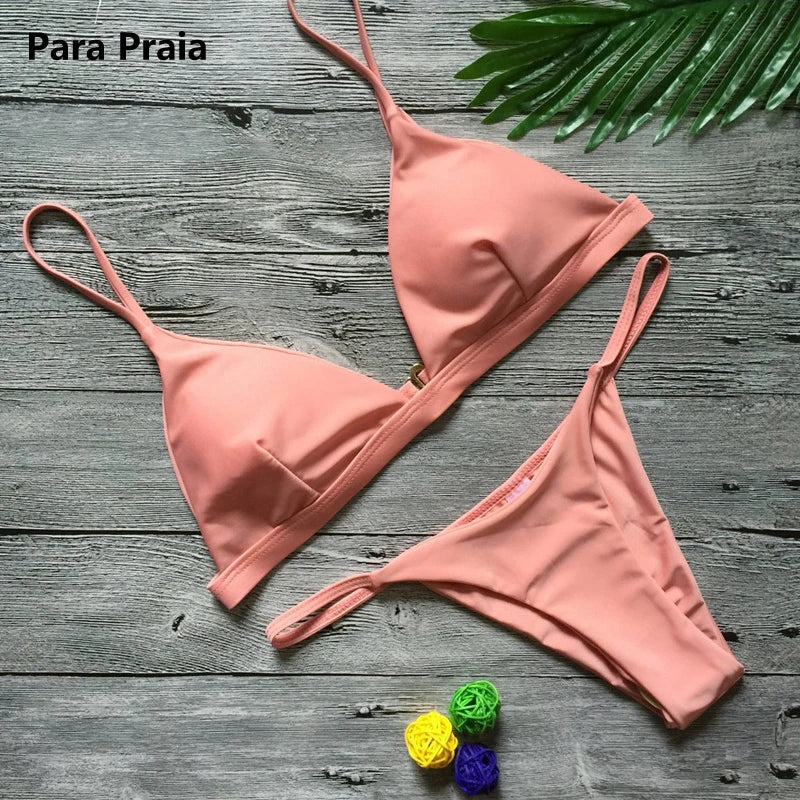 Para Praia Solid Bikini Set 2025 Sexy Push Up Swimwear Women Brazilian Swimsuit Low Waist Biquini Halter Two Pieces Bathing Suit
